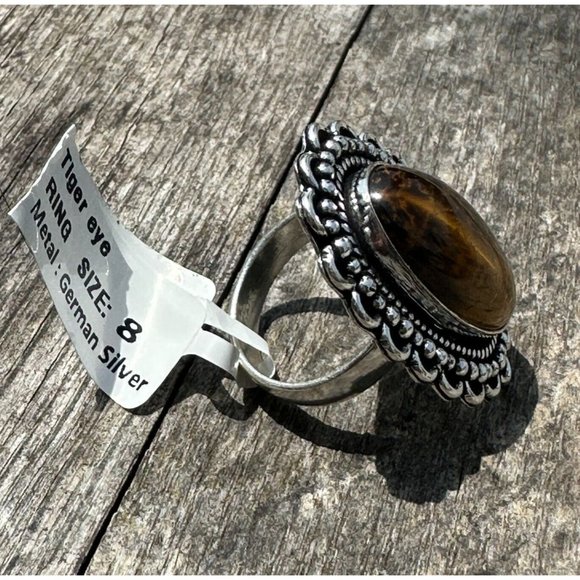 Real Tiger Eye Ring Genuine Gemstone Ornate 1.25 Inch Setting Ring Size 8 - Picture 3 of 8
